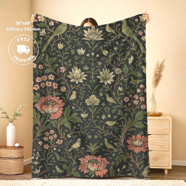 Floral Heritage Blanket Velveteen Throw Gift English Garden Botanical Pattern Birds Perched Vines Dusty Rose Peonies Sage Green Accents Charcoal Ground Grandmillennial Style Cottagecore Home Textile Nature Inspired Design Sofa Accent Piece