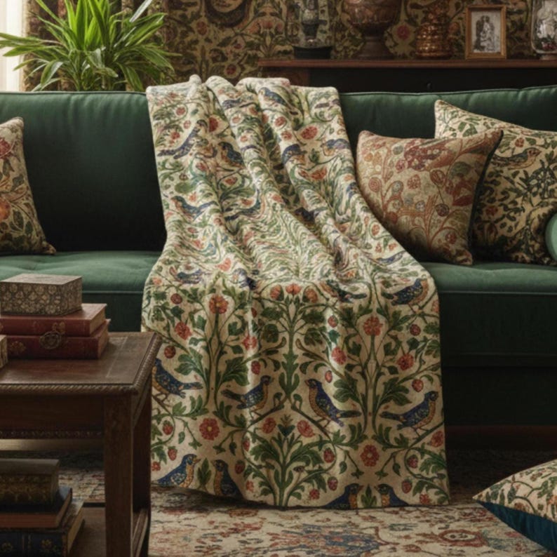 Floral Bird Botanical Pattern Velveteen Throw Blanket William Morris Style Heritage Textile Design English Garden Cottagecore Aesthetic Soft Premium Quality Sofa Accent Armchair Styling Daily Use Comfort Beige Sage Green Dusty Blue Coral