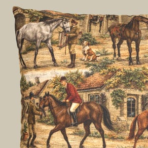 Horse Lover Gift Throw Pillow Equestrian Enthusiast Present English Fox Hunt Scene Traditional Riding Theme Red Jacket Riders Countryside Buildings Farmhouse Living Room Accent Country Cottage Cushion Cover Warm Earth Tones Classic