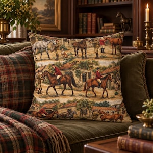 Equestrian Home Styling Throw Pillow Fox Hunt Scene Design Traditional Riding Theme Cushion Cover Farmhouse Living Room Accent Country Cottage Display Horse Enthusiast Gift Red Jacket Riders Countryside Buildings Warm Earth Tones Classic