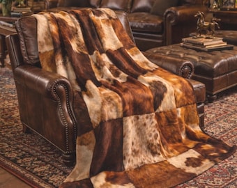 Manta sherpa patchwork piel de vaca sintética estilo western, manta decorativa rústica para dormitorio farmhouse, regalo para case nueva