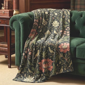 William Morris Botanical Velveteen Throw Blanket Floral Birds Sofa Accent nature lover decor couch throw blanket