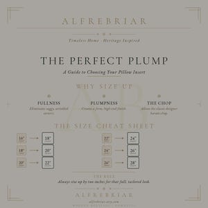 May include: A beige informational graphic titled The Perfect Plump, A Guide to Choosing Your Pillow Insert by Alfrebriar. It explains why to size up pillow inserts, showing a size cheat sheet with 16 to 28 inch measurements.