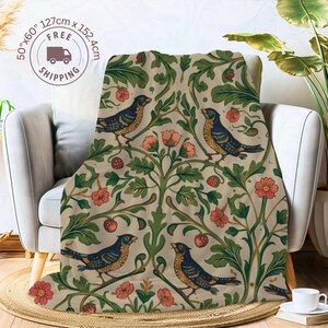 Velveteen Throw Blanket, Floral Bird Botanical Pattern, English Garden Cottagecore Style, Vintage Chintz Sofa Throw, Housewarming Gift image 13
