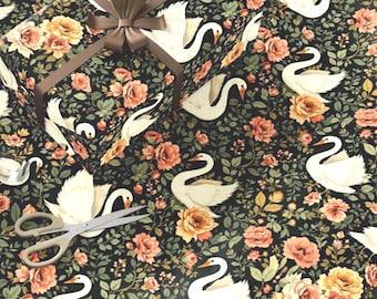 Swan Floral Wrapping Paper Romantic Gift Wrap Elegant Victorian Rose Gift Wrap Grandmillennial Packaging Paper Luxury Botanical Swan Wrap
