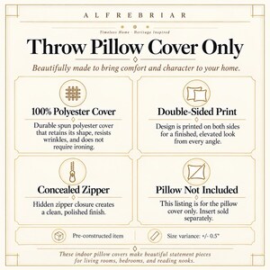 May include: An informational graphic for a throw pillow cover by Alfrebriar. It details features including 100% polyester material, double-sided print, a concealed zipper, and a size variance of +/- 0.5 inches. The text states pillow not included.