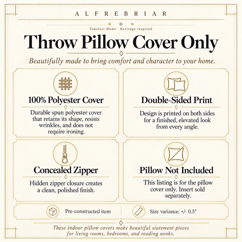 May include: An informational graphic for a throw pillow cover by Alfrebriar. It details features including 100% polyester material, double-sided print, a concealed zipper, and a size variance of +/- 0.5 inches. The text states pillow not included.