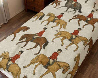 Equestrian Throw Blanket Fox Hunt Country Manor Velveteen Horse Rider Western Style Farmhouse Bedroom Couch Cover Soft Cozy Home Gift