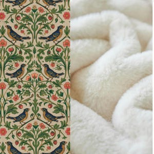 Housewarming Gift Velveteen Throw Blanket Botanical Floral Bird Pattern William Morris Style Heritage Textile English Garden Cottagecore Aesthetic Sofa Accent Soft Premium Quality Daily Comfort Nature Lover Present Beige Sage Green Dusty