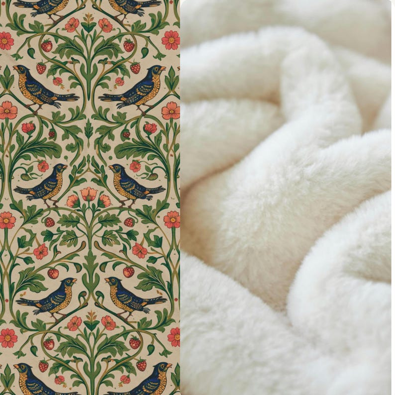 Housewarming Gift Velveteen Throw Blanket Botanical Floral Bird Pattern William Morris Style Heritage Textile English Garden Cottagecore Aesthetic Sofa Accent Soft Premium Quality Daily Comfort Nature Lover Present Beige Sage Green Dusty