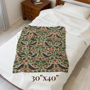 Velveteen Throw Blanket, Floral Bird Botanical Pattern, English Garden Cottagecore Style, Vintage Chintz Sofa Throw, Housewarming Gift 30" × 40"