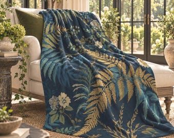 Moody Floral Blanket Dark Botanical Throw Velveteen Teal Fern Estate Style Bedding Luxury Gift Men Couch Cover Grandmillennial Interior