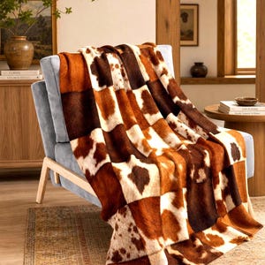 Manta sherpa patchwork piel de vaca sintética estilo western, manta decorativa rústica para dormitorio farmhouse, regalo para case nueva