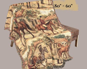 Equestrian Decor Tapestry Blanket Woven Throw Horse Blanket Vintage Riding Scene English Estate Textile Luxury Cottagecore Home Accent Men
