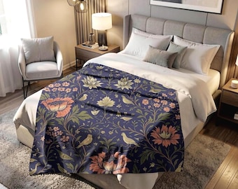Navy Botanical Velveteen Throw Blanket | William Morris Inspired Floral Estate Decor | Grandmillennial Home Gift