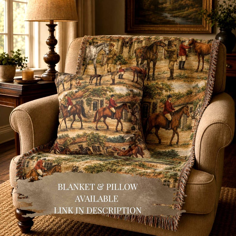 Horse Lover Gift Throw Pillow Equestrian Enthusiast Present English Fox Hunt Scene Traditional Riding Theme Red Jacket Riders Countryside Buildings Farmhouse Living Room Accent Country Cottage Cushion Cover Warm Earth Tones Classic