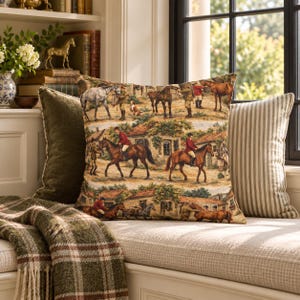 Equestrian Home Styling Throw Pillow Fox Hunt Scene Design Traditional Riding Theme Cushion Cover Farmhouse Living Room Accent Country Cottage Display Horse Enthusiast Gift Red Jacket Riders Countryside Buildings Warm Earth Tones Classic