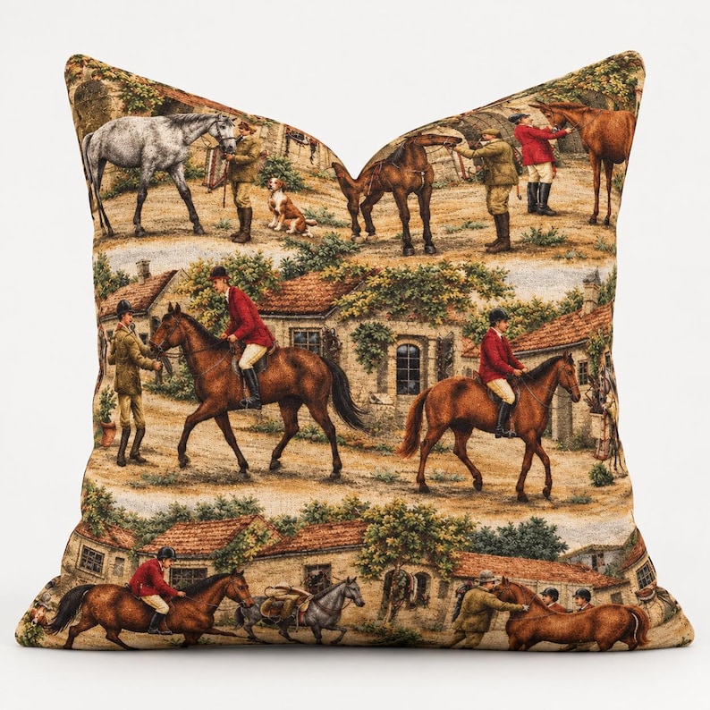 May include: A square throw pillow featuring a woven tapestry design of an equestrian scene. The pattern depicts multiple horses, riders in red and green jackets, and dogs in a rural setting with stone buildings and terracotta roofs.