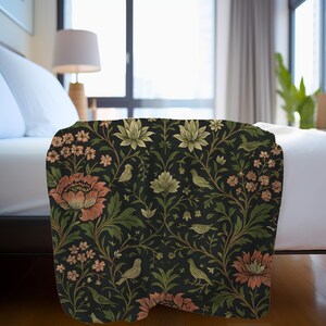 Soft Velveteen Throw Blanket Botanical Floral Pattern English Garden Heritage Design Birds Vines Nature Inspired Textile Grandmillennial Style Cottagecore Aesthetic Sofa Accent Piece Couch Decorative Throw Charcoal Background Sage Green