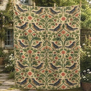 Floral Bird Botanical Pattern Velveteen Throw Blanket William Morris Style Heritage Textile Design English Garden Cottagecore Aesthetic Soft Premium Quality Sofa Accent Armchair Styling Daily Use Comfort Beige Sage Green Dusty Blue Coral