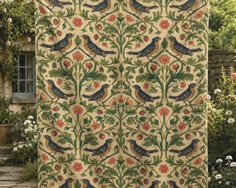 May include: A fabric textile featuring a repeating pattern of blue birds perched on green leafy branches with pink flowers and small red berries against a cream background, suspended from a wooden clothesline with wooden clips.