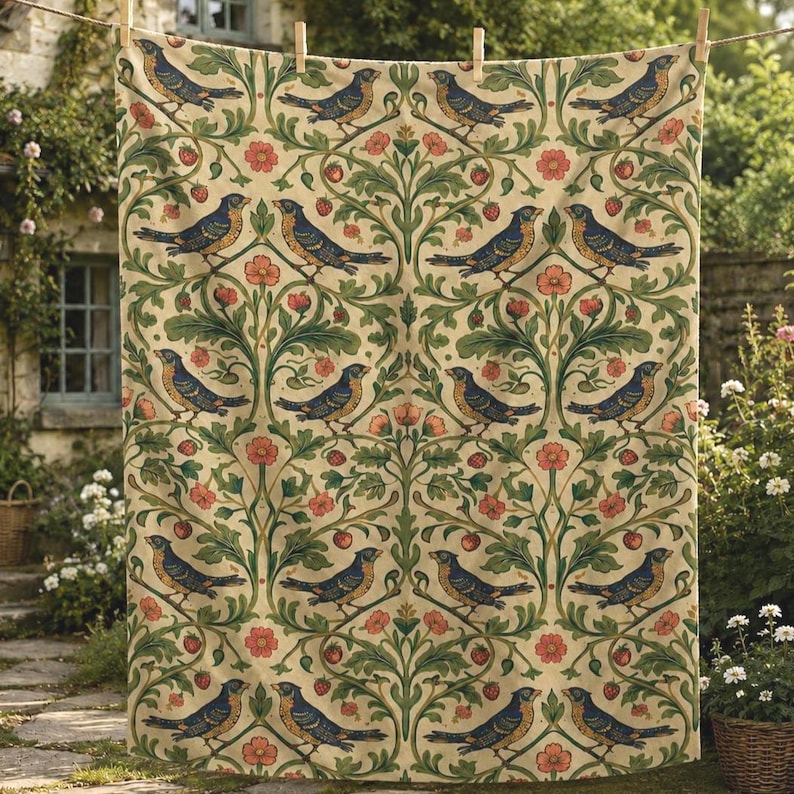 Floral Bird Botanical Pattern Velveteen Throw Blanket William Morris Style Heritage Textile Design English Garden Cottagecore Aesthetic Soft Premium Quality Sofa Accent Armchair Styling Daily Use Comfort Beige Sage Green Dusty Blue Coral