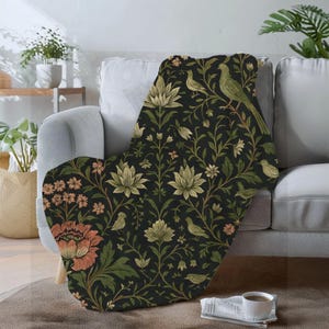 Soft Velveteen Throw Blanket Botanical Floral Pattern English Garden Heritage Design Birds Vines Nature Inspired Textile Grandmillennial Style Cottagecore Aesthetic Sofa Accent Piece Couch Decorative Throw Charcoal Background Sage Green
