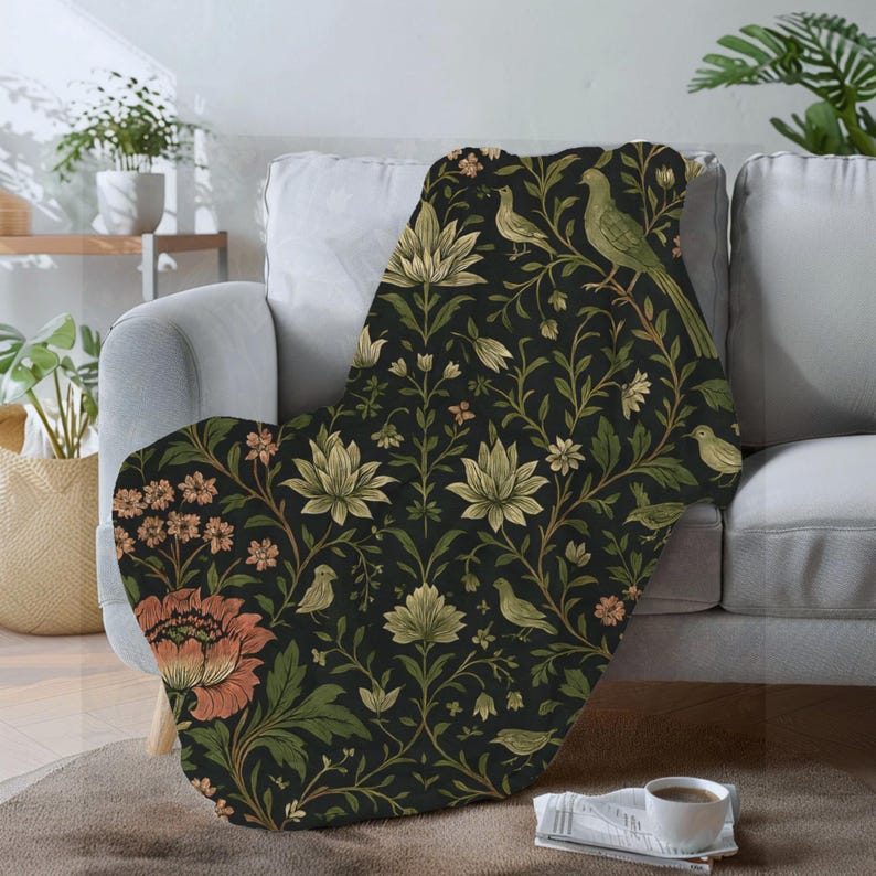 Soft Velveteen Throw Blanket Botanical Floral Pattern English Garden Heritage Design Birds Vines Nature Inspired Textile Grandmillennial Style Cottagecore Aesthetic Sofa Accent Piece Couch Decorative Throw Charcoal Background Sage Green