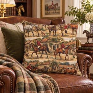 Horse Throw Pillow English Fox Hunt Scene Cushion Cover Traditional Riding Theme Red Jacket Riders Elegant Horses Countryside Buildings Farmhouse Living Room Accent Country Cottage Styling Perfect Horse Lover Gift Enthusiast Present Warm