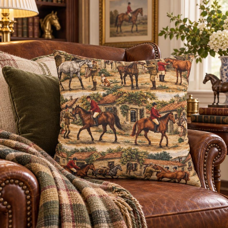 Horse Throw Pillow English Fox Hunt Scene Cushion Cover Traditional Riding Theme Red Jacket Riders Elegant Horses Countryside Buildings Farmhouse Living Room Accent Country Cottage Styling Perfect Horse Lover Gift Enthusiast Present Warm