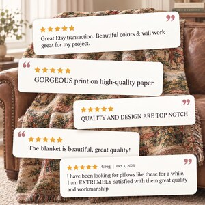 May include: A woven tapestry throw blanket featuring a detailed landscape scene with figures and trees in muted earth tones, draped over a brown leather sofa. Five white review cards with five-star ratings and customer text are overlaid.