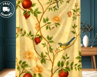 Velveteen Blanket Floral Bird Throw Pomegranate Botanical Blanket Cottagecore Decor Vintage Style Gift Cozy Soft Blanket housewarming idea