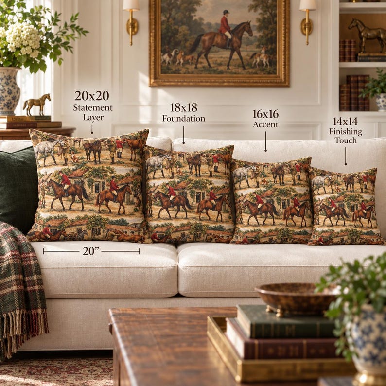 May include: Four square throw pillows featuring a repeating equestrian scene with riders in red jackets and horses. The pillows are labeled with sizes: 20x20 Statement Layer, 18x18 Foundation, 16x16 Accent, and 14x14 Finishing Touch, with a 20-inch measurement indicator.