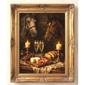 Puede incluir: Un cuadro enmarcado que muestra dos caballos, uno gris y otro marrón, detrás de una mesa con dos copas de champán, dos velas encendidas en candelabros de latón, una tabla de madera con queso, embutidos y uvas.