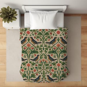 Cottagecore Aesthetic Throw Blanket Velveteen Soft Botanical Floral Bird Pattern William Morris Heritage Textile English Garden Style Sofa Accent Armchair Styling Premium Quality Daily Comfort Beige Sage Green Dusty Blue Coral Red Vintage