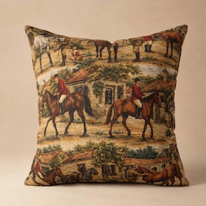 Equestrian Home Styling Throw Pillow Fox Hunt Scene Design Traditional Riding Theme Cushion Cover Farmhouse Living Room Accent Country Cottage Display Horse Enthusiast Gift Red Jacket Riders Countryside Buildings Warm Earth Tones Classic