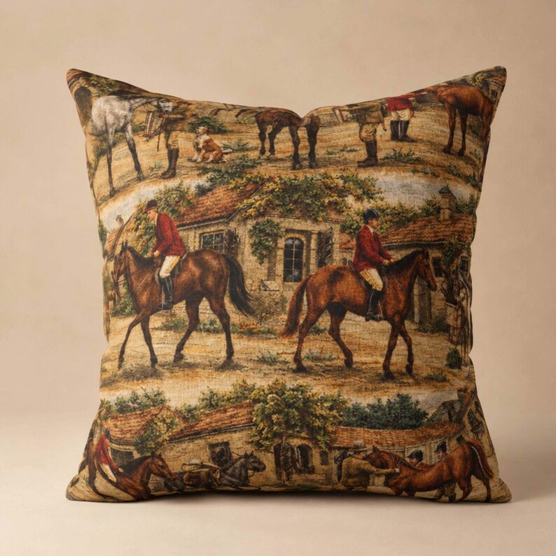 Equestrian Home Styling Throw Pillow Fox Hunt Scene Design Traditional Riding Theme Cushion Cover Farmhouse Living Room Accent Country Cottage Display Horse Enthusiast Gift Red Jacket Riders Countryside Buildings Warm Earth Tones Classic