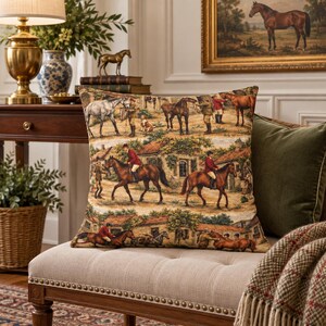Horse Throw Pillow English Fox Hunt Scene Cushion Cover Traditional Riding Theme Red Jacket Riders Elegant Horses Countryside Buildings Farmhouse Living Room Accent Country Cottage Styling Perfect Horse Lover Gift Enthusiast Present Warm