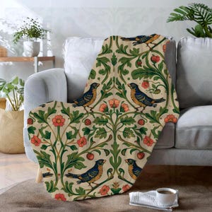 Velveteen Throw Blanket, Floral Bird Botanical Pattern, English Garden Cottagecore Style, Vintage Chintz Sofa Throw, Housewarming Gift image 14