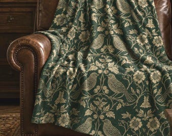 Heritage Green Botanical Vine Throw Blanket Velveteen Bird Tapestry Arts & Crafts Cottagecore Couch throw Housewarming Gift