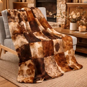 Manta sherpa patchwork piel de vaca sintética estilo western, manta decorativa rústica para dormitorio farmhouse, regalo para case nueva
