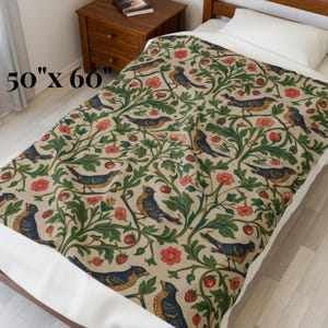 Velveteen Throw Blanket, Floral Bird Botanical Pattern, English Garden Cottagecore Style, Vintage Chintz Sofa Throw, Housewarming Gift 50" × 60"