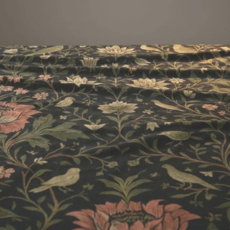 Soft Velveteen Throw Blanket Botanical Floral Pattern English Garden Heritage Design Birds Vines Nature Inspired Textile Grandmillennial Style Cottagecore Aesthetic Sofa Accent Piece Couch Decorative Throw Charcoal Background Sage Green
