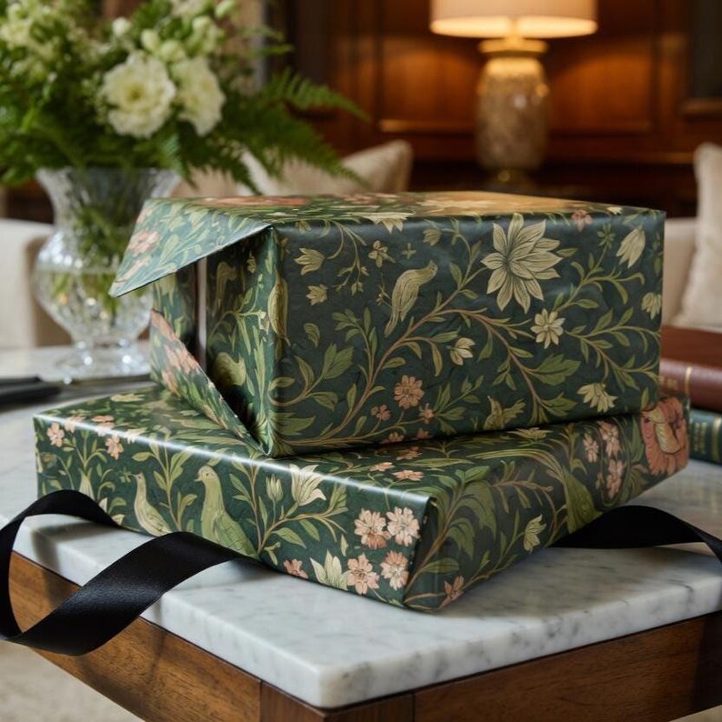 May include: Two gift boxes wrapped in dark green floral patterned paper with birds and flowers. A black ribbon is draped across the marble surface. The boxes are stacked on top of each other.