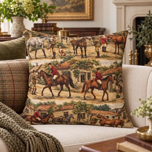 Equestrian Home Styling Throw Pillow Fox Hunt Scene Design Traditional Riding Theme Cushion Cover Farmhouse Living Room Accent Country Cottage Display Horse Enthusiast Gift Red Jacket Riders Countryside Buildings Warm Earth Tones Classic
