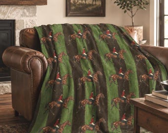 Fox Hunt Velveteen Throw Blanket Equestrian Stripe Blanket Horse Lover Gift Country Home Decor Grandmillennial Living Room Couch Accent