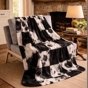Manta sherpa patchwork piel de vaca sintética estilo western, manta decorativa rústica para dormitorio farmhouse, regalo para case nueva