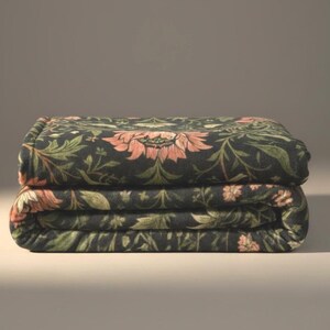 Floral Heritage Blanket Velveteen Throw Gift English Garden Botanical Pattern Birds Perched Vines Dusty Rose Peonies Sage Green Accents Charcoal Ground Grandmillennial Style Cottagecore Home Textile Nature Inspired Design Sofa Accent Piece