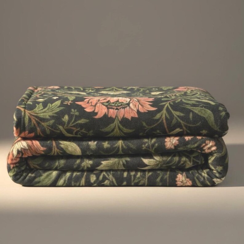 Floral Heritage Blanket Velveteen Throw Gift English Garden Botanical Pattern Birds Perched Vines Dusty Rose Peonies Sage Green Accents Charcoal Ground Grandmillennial Style Cottagecore Home Textile Nature Inspired Design Sofa Accent Piece