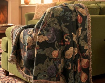 Cotton Woven Throw Blanket Dark Moody Botanical Tapestry Wall Hanging William Morris Style Textile Art Living Room Accent Sofa Couch Cover